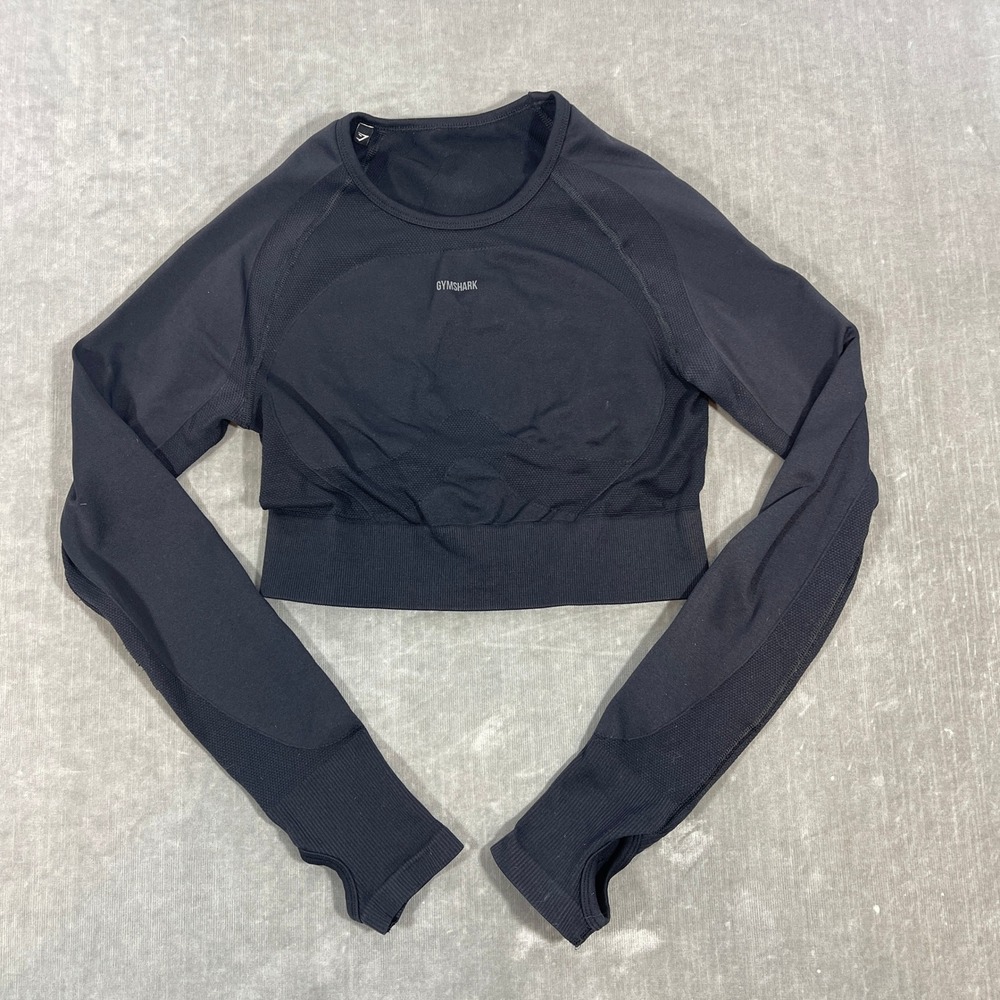 Gymshark Black Small Seamless Long Sleeve Crop Athletic Top‎ Thumbholes Women